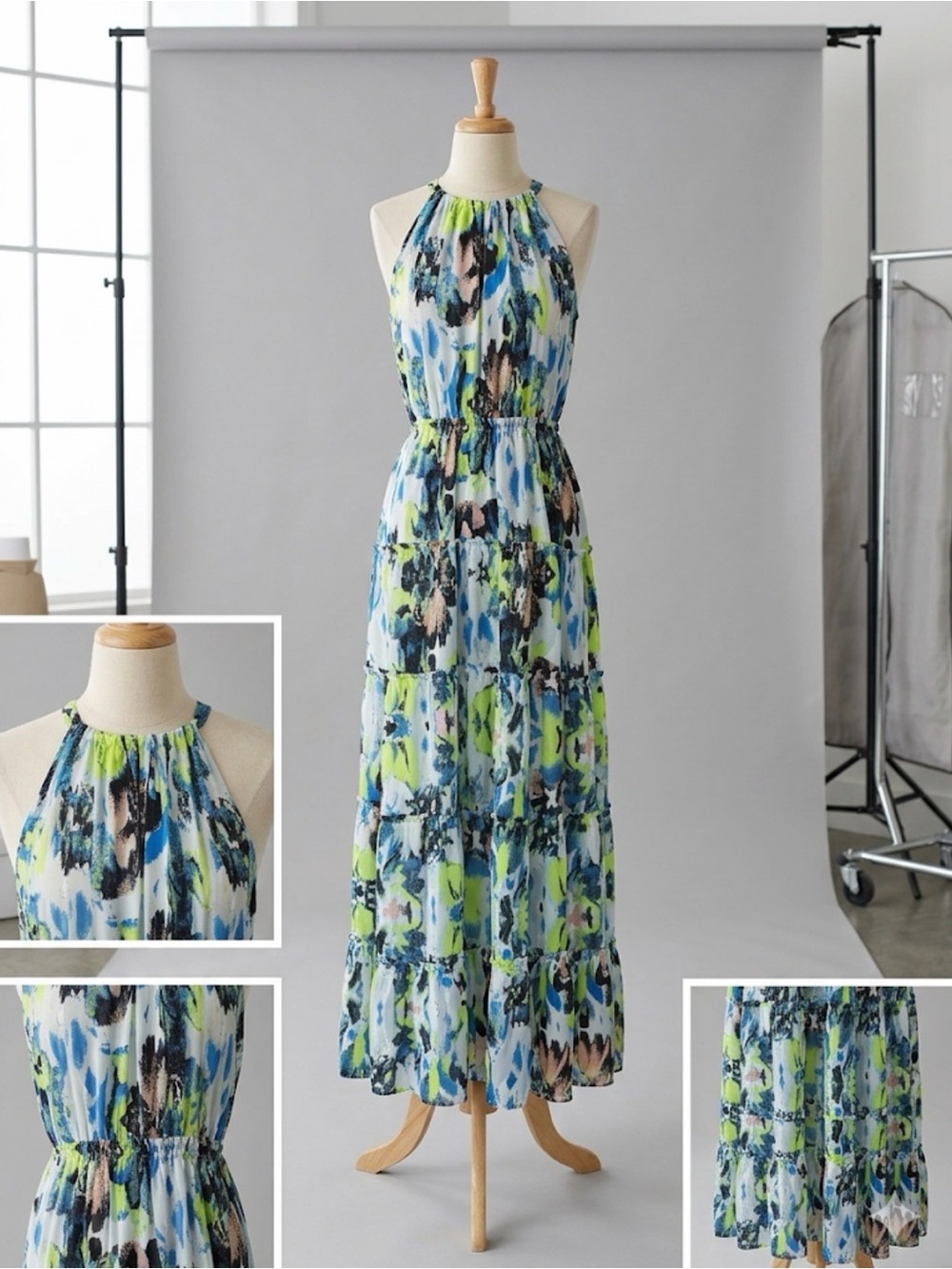 The Kooples Abstract Watercolor Tiered Maxi Dress